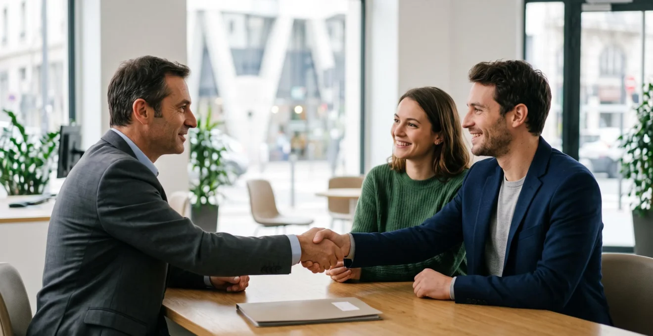 Un couple d'emprunteurs souriant échangeant une poignée de main confiante avec un conseiller bancaire dans un bureau lumineux, symbolisant l'acceptation réussie d'une délégation d'assurance