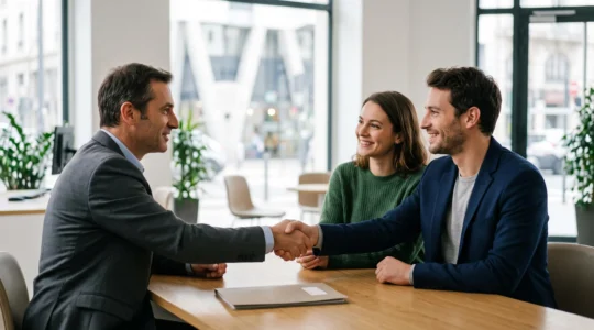 Un couple d'emprunteurs souriant échangeant une poignée de main confiante avec un conseiller bancaire dans un bureau lumineux, symbolisant l'acceptation réussie d'une délégation d'assurance