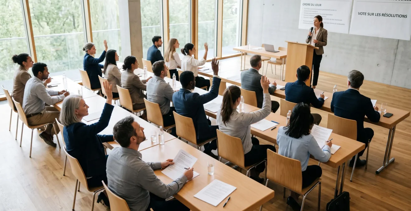 Assemblée générale de sociétaires d'une banque coopérative, participants diversifiés votant à main levée dans une salle de réunion moderne lumineuse