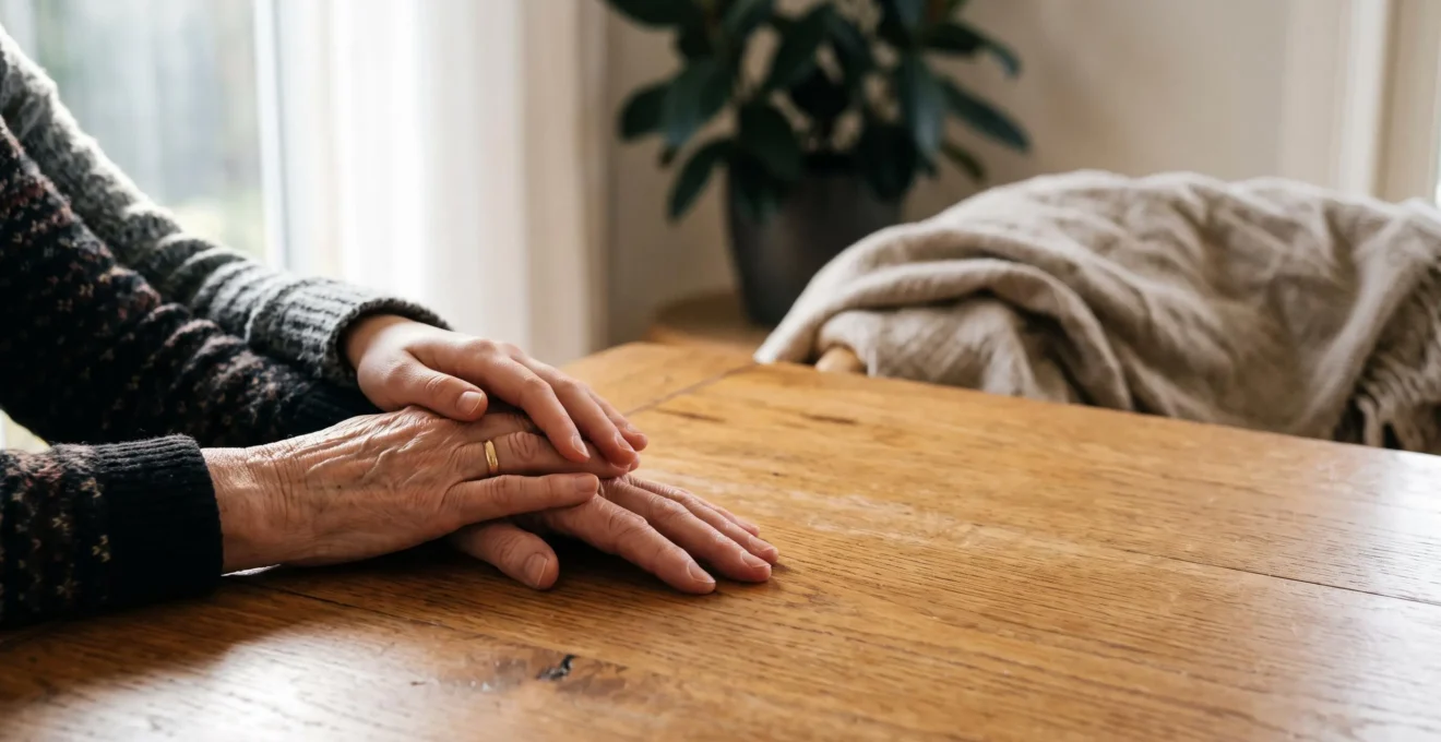 Mains de deux générations posées ensemble sur une table en bois, symbolisant la transmission du patrimoine et la préparation de la retraite grâce à l'assurance vie