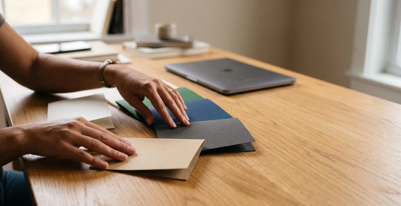 Personne comparant plusieurs offres d'assurance sur une table en bois, illustrant la recherche de la meilleure offre en ligne