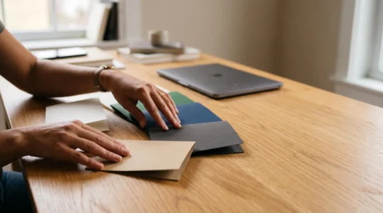 Personne comparant plusieurs offres d'assurance sur une table en bois, illustrant la recherche de la meilleure offre en ligne
