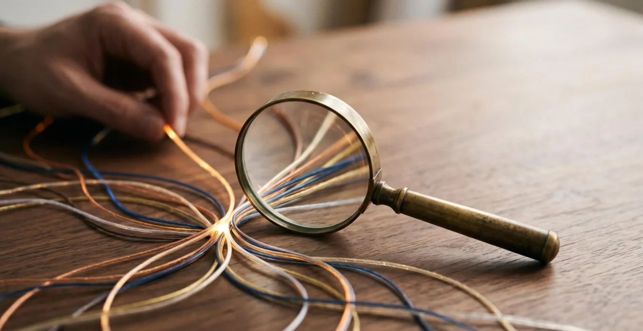 Une loupe posée sur un réseau de chemins lumineux convergeant vers un point central, symbolisant la comparaison d'offres d'assurance
