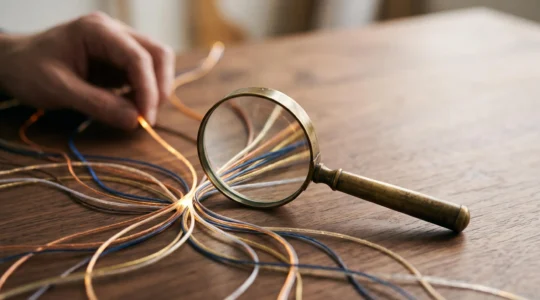 Une loupe posée sur un réseau de chemins lumineux convergeant vers un point central, symbolisant la comparaison d'offres d'assurance