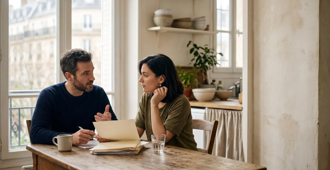 Couple examinant sereinement des documents financiers pour comparer le coût de leur assurance de prêt immobilier