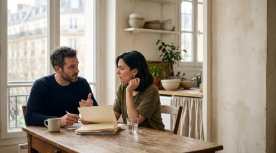 Couple examinant sereinement des documents financiers pour comparer le coût de leur assurance de prêt immobilier