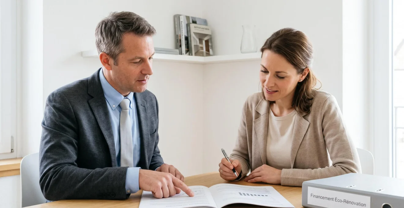 Conseiller bancaire et cliente échangeant un dossier de financement éco-rénovation lors d'un rendez-vous dans un bureau de banque coopérative moderne