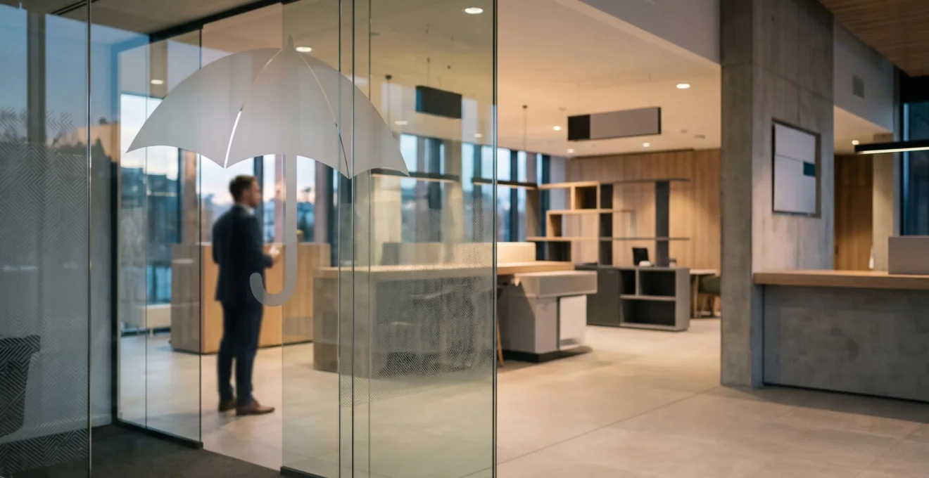 Un conseiller de banque et un symbole de protection santé se superposent dans une agence bancaire moderne, illustrant la dualité entre service bancaire et assurance