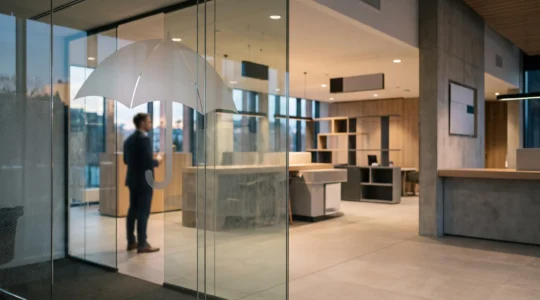Un conseiller de banque et un symbole de protection santé se superposent dans une agence bancaire moderne, illustrant la dualité entre service bancaire et assurance