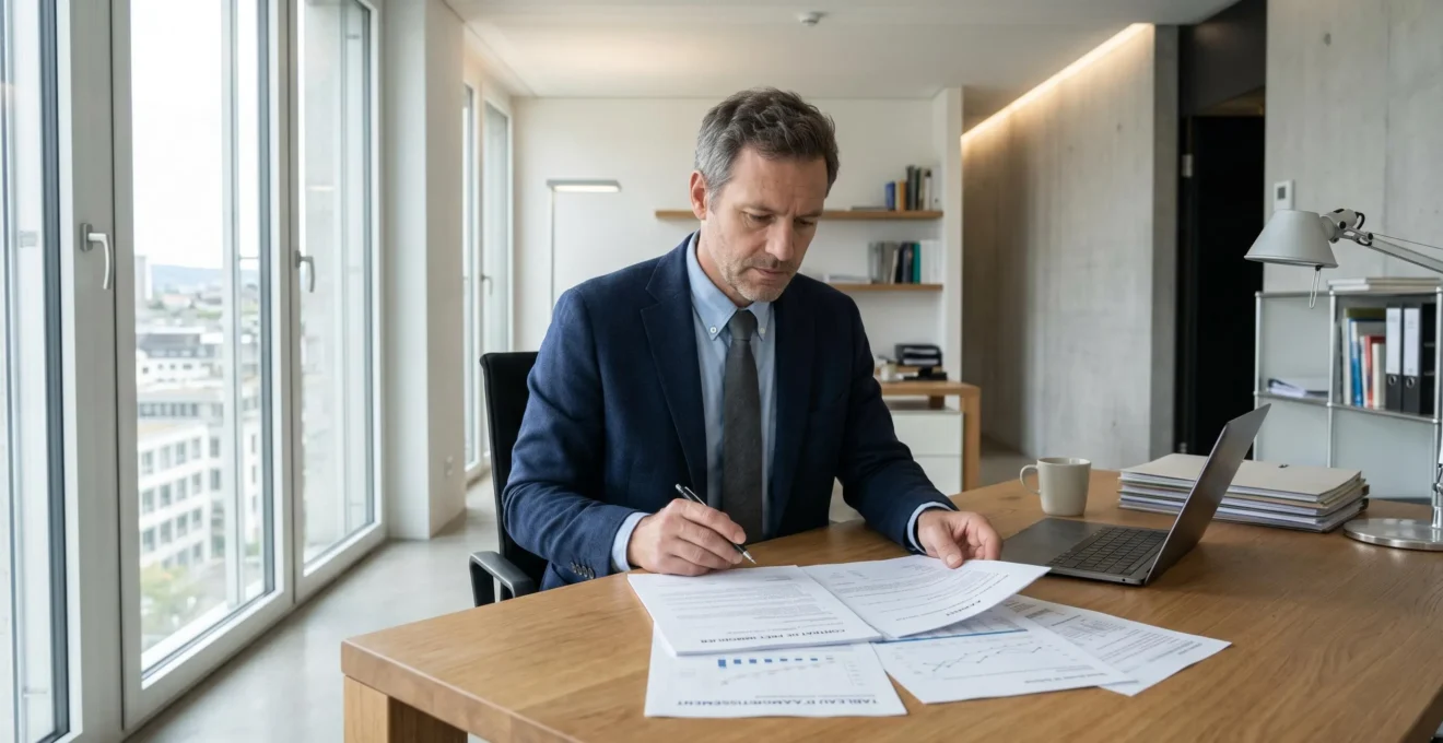 Conseiller financier analysant des documents de crédit relais dans un bureau moderne, examinant attentivement les clauses contractuelles