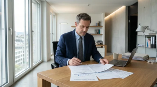 Conseiller financier analysant des documents de crédit relais dans un bureau moderne, examinant attentivement les clauses contractuelles