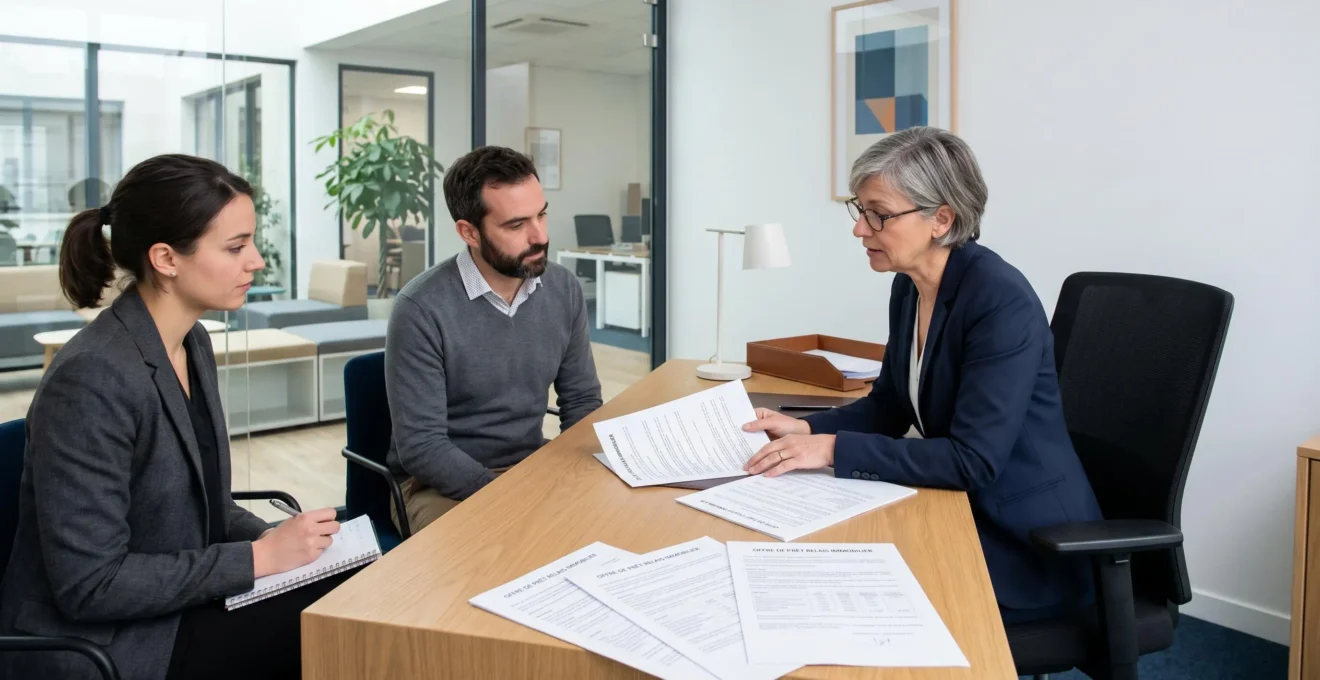 Consultation notariale pour analyse des clauses d'un contrat de crédit relais, emprunteur et notaire examinant les documents