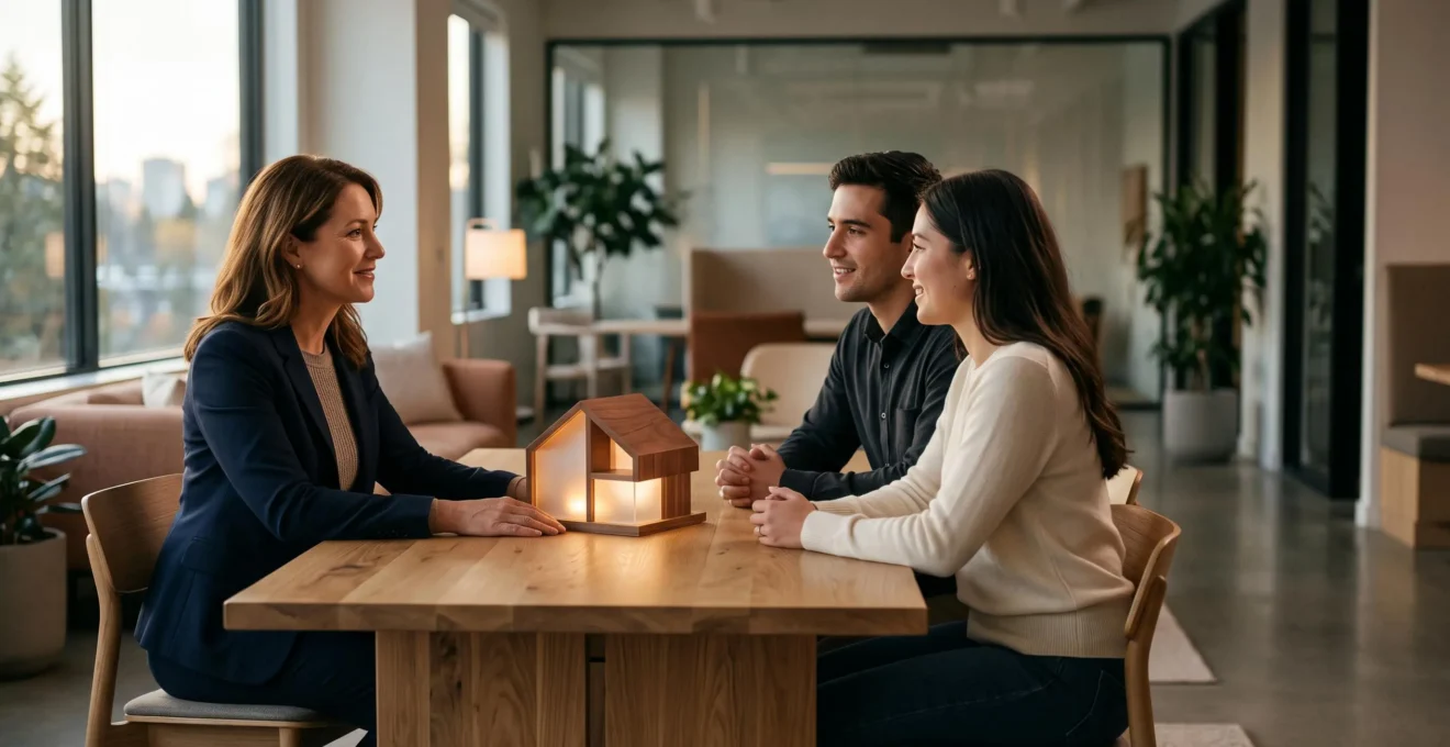 Conseiller en assurance emprunteur échangeant avec un couple autour d'une maquette de maison symbolisant la protection d'un prêt immobilier