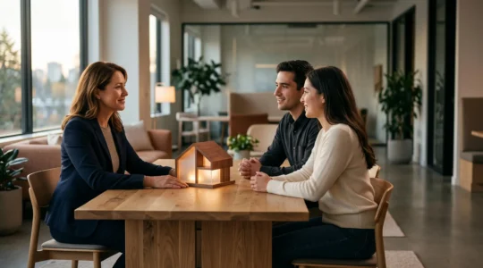 Conseiller en assurance emprunteur échangeant avec un couple autour d'une maquette de maison symbolisant la protection d'un prêt immobilier