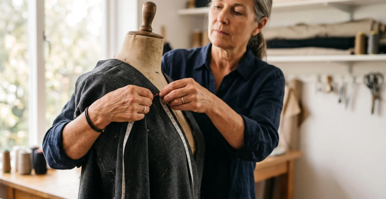 Mains d'un artisan ajustant un tissu sur mesure, symbolisant un devis d'assurance parfaitement adapte a une situation personnelle