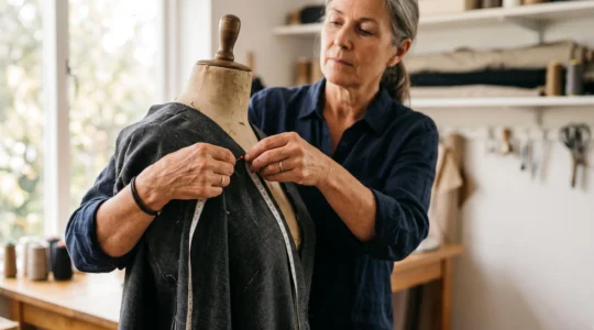 Mains d'un artisan ajustant un tissu sur mesure, symbolisant un devis d'assurance parfaitement adapte a une situation personnelle