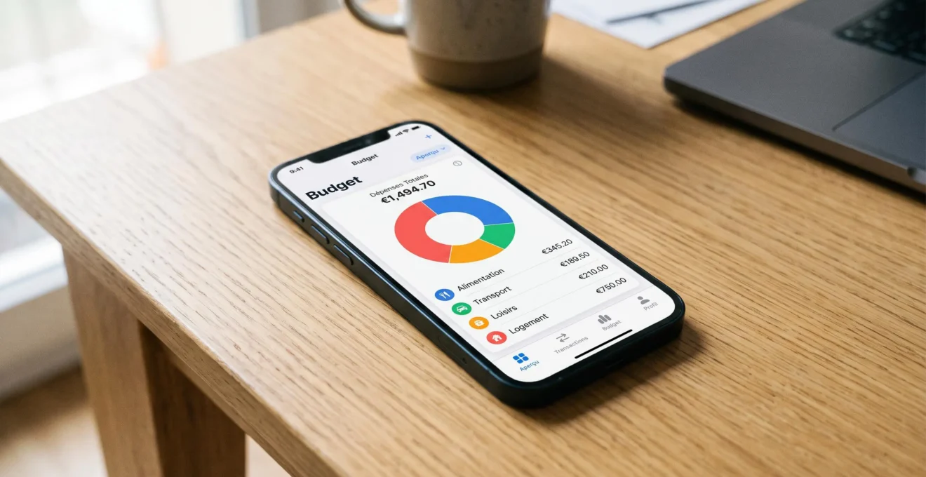 Écran de smartphone affichant un tableau de bord de gestion budgétaire avec graphique circulaire de répartition des dépenses par catégories en français