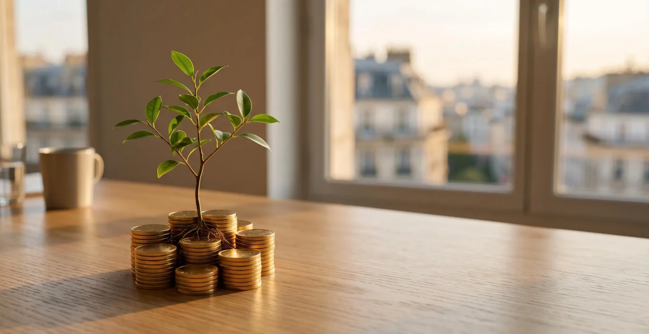 Jeune pousse verte poussant sur une pile de pieces dorees, symbole de la croissance du patrimoine grace a l'epargne salariale