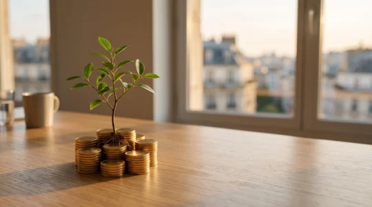 Jeune pousse verte poussant sur une pile de pieces dorees, symbole de la croissance du patrimoine grace a l'epargne salariale