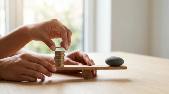 Illustration symbolique d'un equilibre financier maitrise pour eviter les decouverts et frais bancaires caches