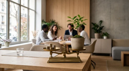 Photographie éditoriale symbolisant l'équilibre entre la trésorerie d'une entreprise et la motivation des salariés grâce à l'épargne salariale