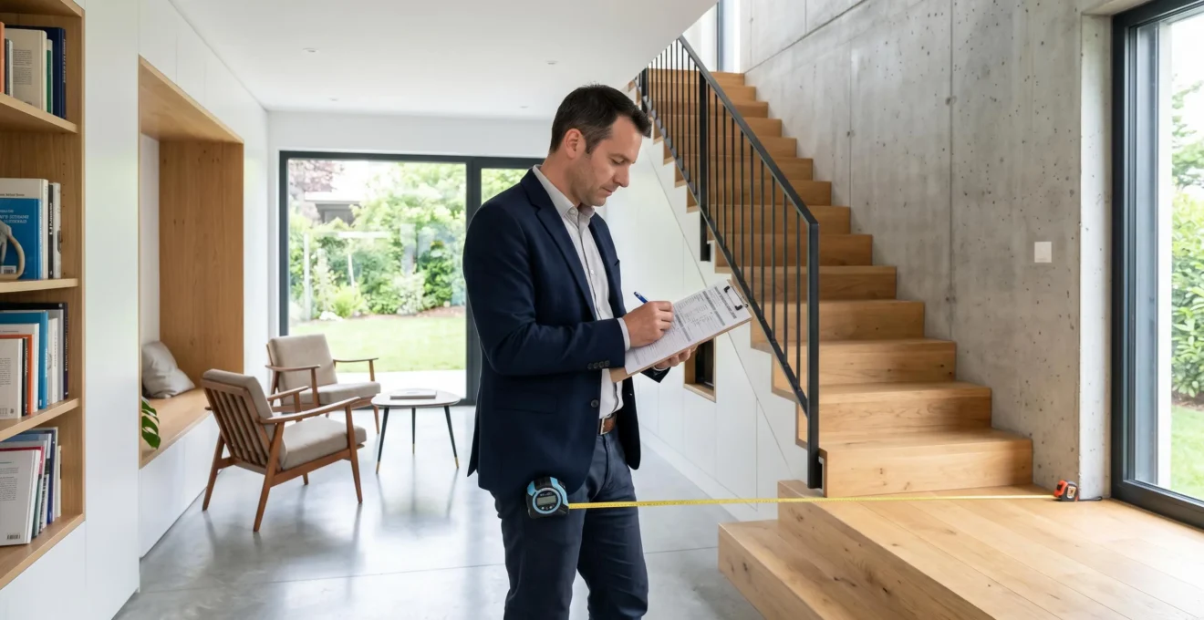 Expert immobilier réalisant une estimation de bien résidentiel avec outils de mesure professionnels dans un intérieur moderne
