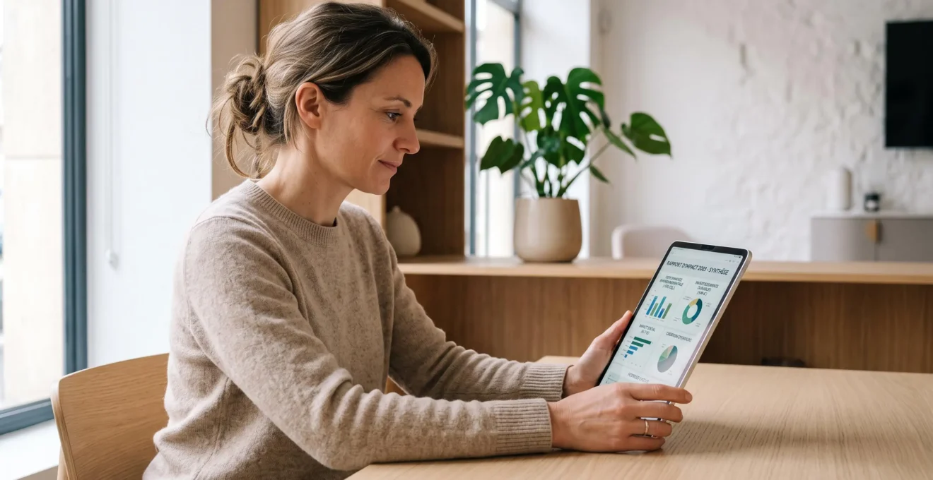 Femme consultant sur tablette un rapport d'impact environnemental et social détaillé d'une banque coopérative, dans un espace conseil moderne