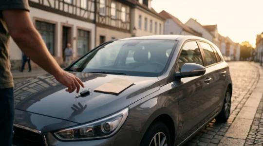 Illustration éditoriale représentant le choix entre crédit auto, LOA et paiement comptant pour financer une voiture
