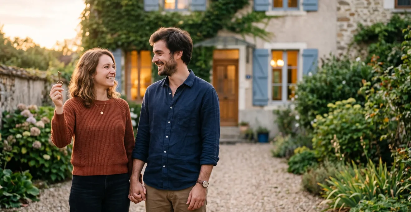 Jeune couple tenant les clés de leur future maison face à un pavillon français typique au lever du soleil