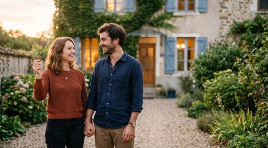 Jeune couple tenant les clés de leur future maison face à un pavillon français typique au lever du soleil