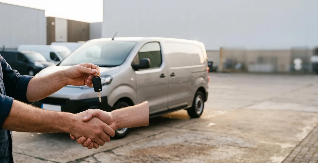 Entrepreneur remettant les clés d'un véhicule professionnel en location avec option d'achat, symbole de financement sans apport