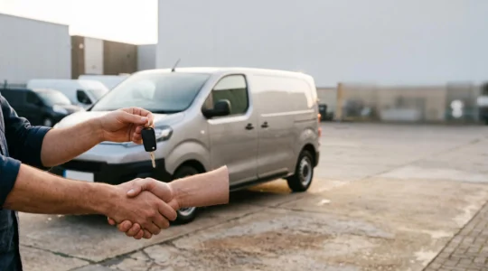 Entrepreneur remettant les clés d'un véhicule professionnel en location avec option d'achat, symbole de financement sans apport