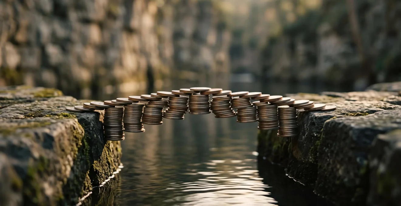 Pont symbolique fait de pièces de monnaie empilées reliant deux rives, illustrant une solution de trésorerie sans endettement dangereux