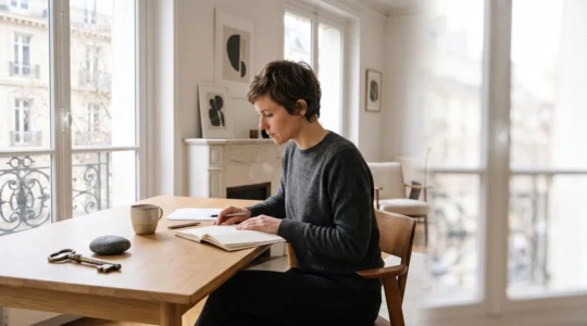 Freelance travaillant a son bureau, symbolisant le choix entre banque traditionnelle et banque en ligne pour son activite professionnelle