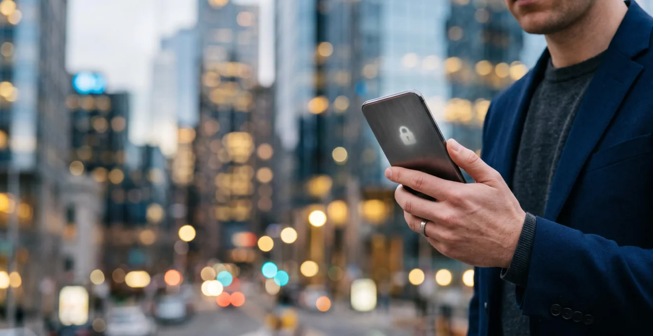Main tenant un smartphone symbolisant la gestion sécurisée d'un compte bancaire mobile