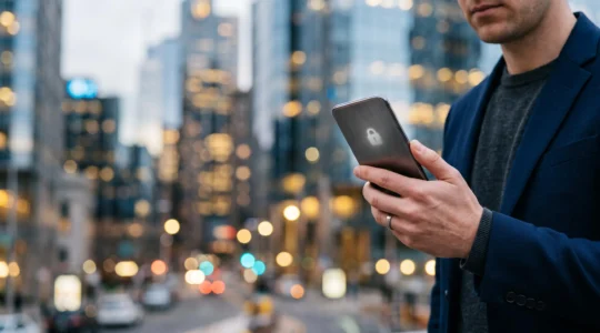 Main tenant un smartphone symbolisant la gestion sécurisée d'un compte bancaire mobile