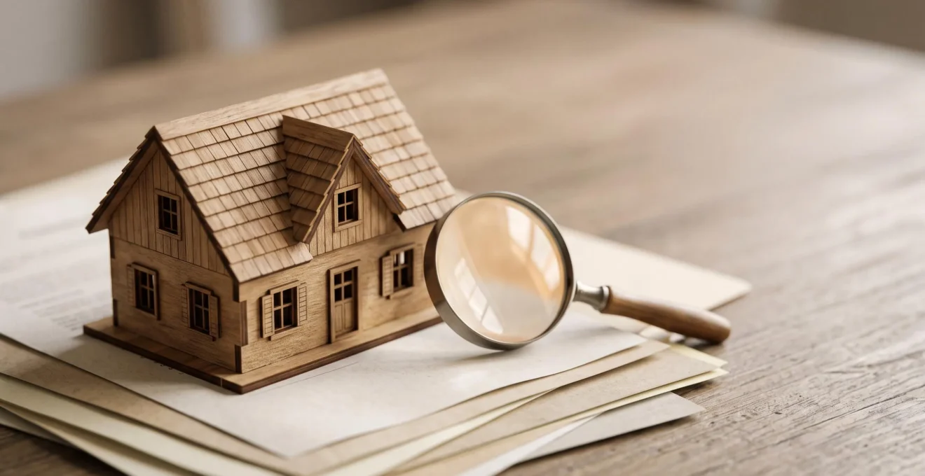 Modele de maison en bois pose sur des documents flous symbolisant la lecture attentive d'un contrat d'assurance habitation