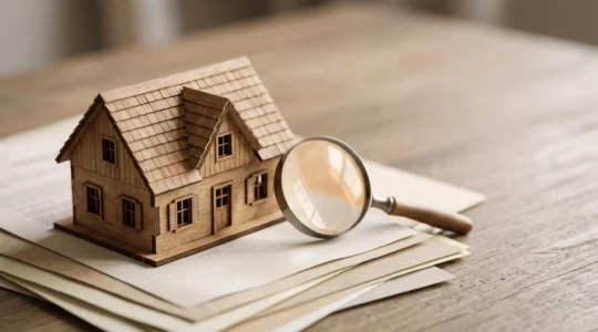 Modele de maison en bois pose sur des documents flous symbolisant la lecture attentive d'un contrat d'assurance habitation