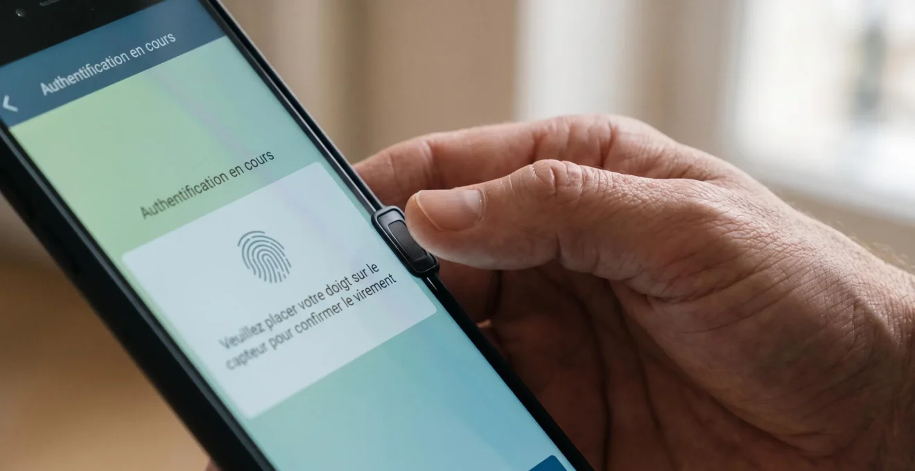 Main posant l'index sur le capteur d'empreinte digitale d'un smartphone pour authentifier une transaction bancaire, écran affichant interface de validation