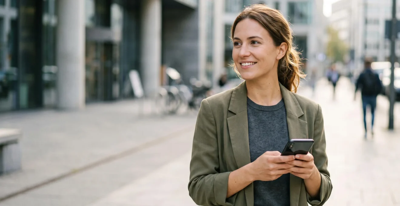 Personne ouvrant un compte bancaire depuis son smartphone en extérieur, symbole de rapidité et de simplicité numérique
