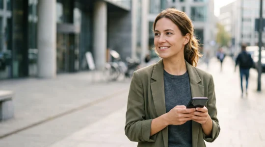 Personne ouvrant un compte bancaire depuis son smartphone en extérieur, symbole de rapidité et de simplicité numérique