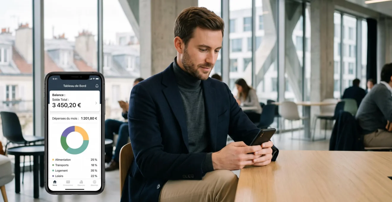 Personne consultant son application de banque en ligne sur smartphone dans un espace de coworking moderne, écran affichant le tableau de bord de gestion de compte avec catégories de dépenses