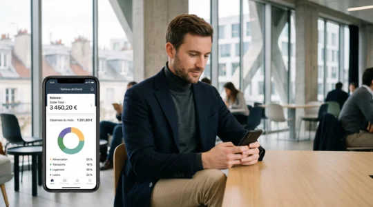 Personne consultant son application de banque en ligne sur smartphone dans un espace de coworking moderne, écran affichant le tableau de bord de gestion de compte avec catégories de dépenses