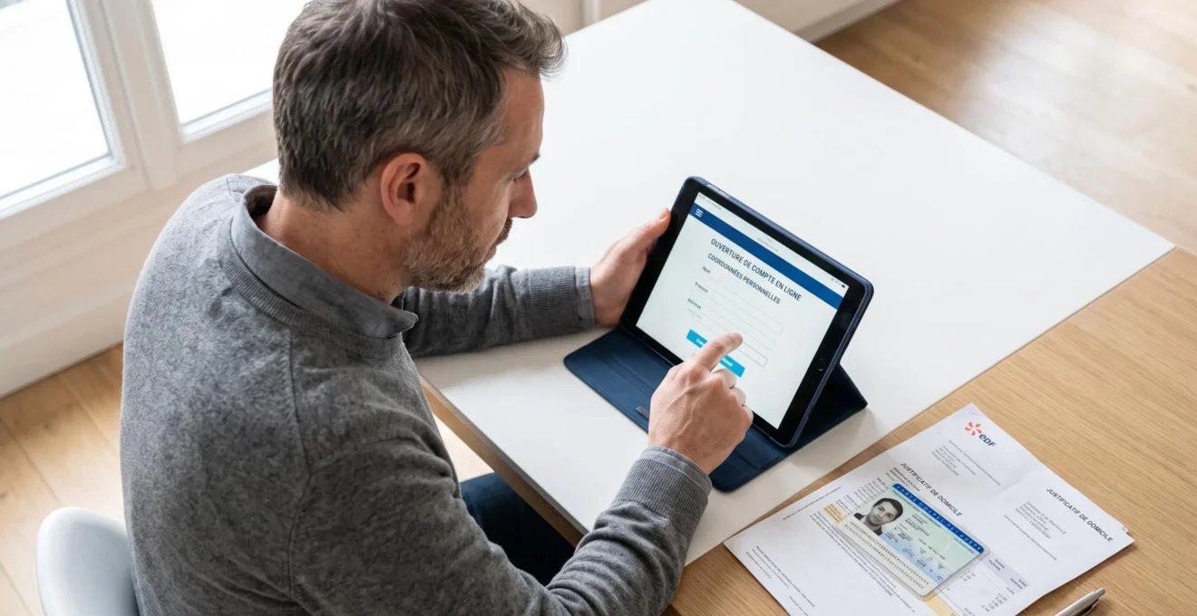 Personne remplissant un formulaire d'ouverture de compte bancaire en ligne sur tablette, avec carte d'identité française et justificatif de domicile disposés à côté