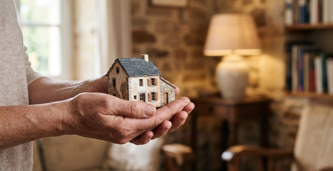 Mains protegeant symboliquement une maquette de maison, illustrant la securite financiere d'un credit immobilier en cas d'incapacite de travailler