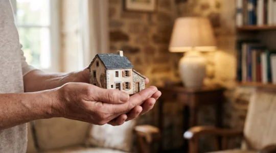 Mains protegeant symboliquement une maquette de maison, illustrant la securite financiere d'un credit immobilier en cas d'incapacite de travailler
