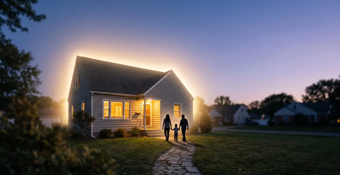 Silhouette de maison protegee par une lumiere douce symbolisant l'assurance de pret immobilier