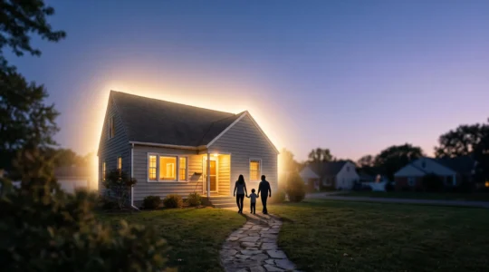 Silhouette de maison protegee par une lumiere douce symbolisant l'assurance de pret immobilier