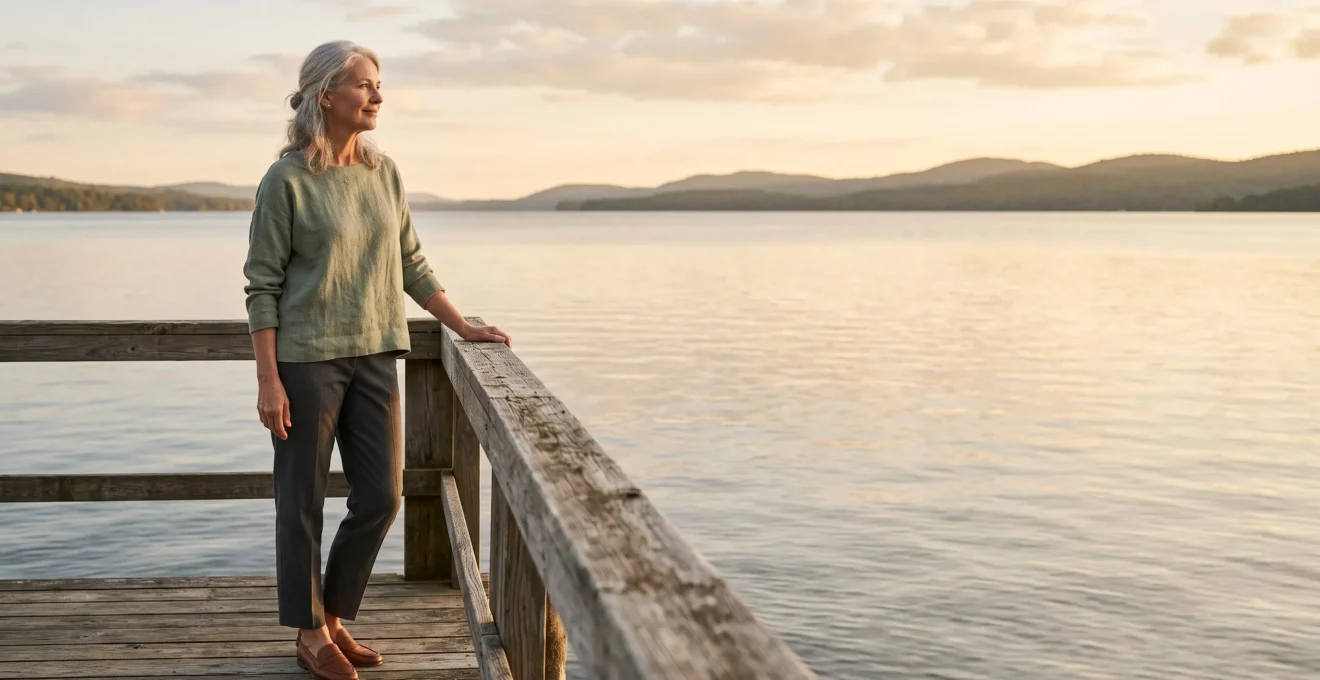 Une personne senior contemplant sereinement un horizon dégagé au bord de l'eau, symbolisant la préparation de la retraite