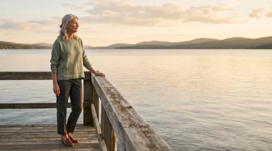 Une personne senior contemplant sereinement un horizon dégagé au bord de l'eau, symbolisant la préparation de la retraite